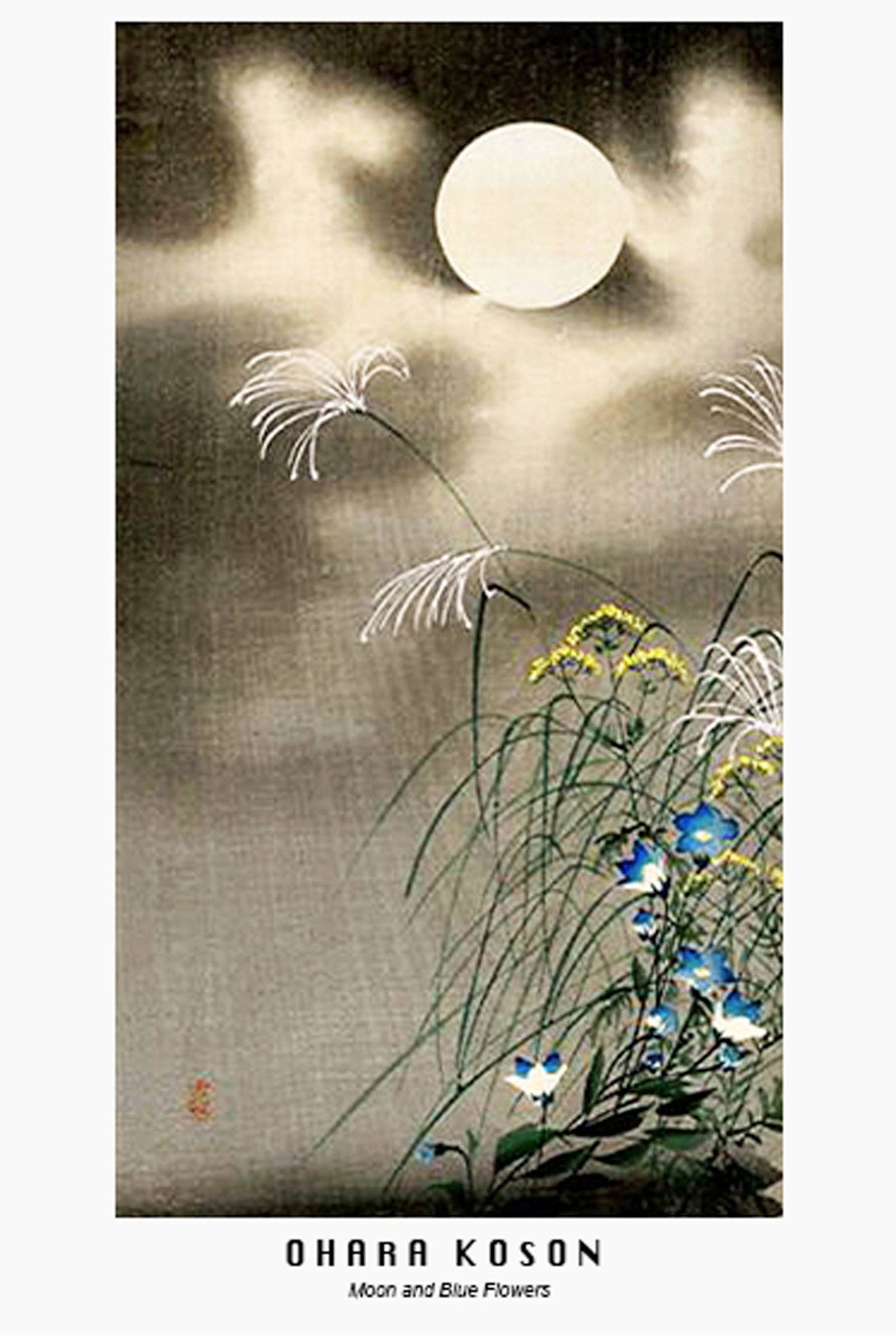 Ohara Koson - Moon and Blue Flowers Poster - Hakyarts