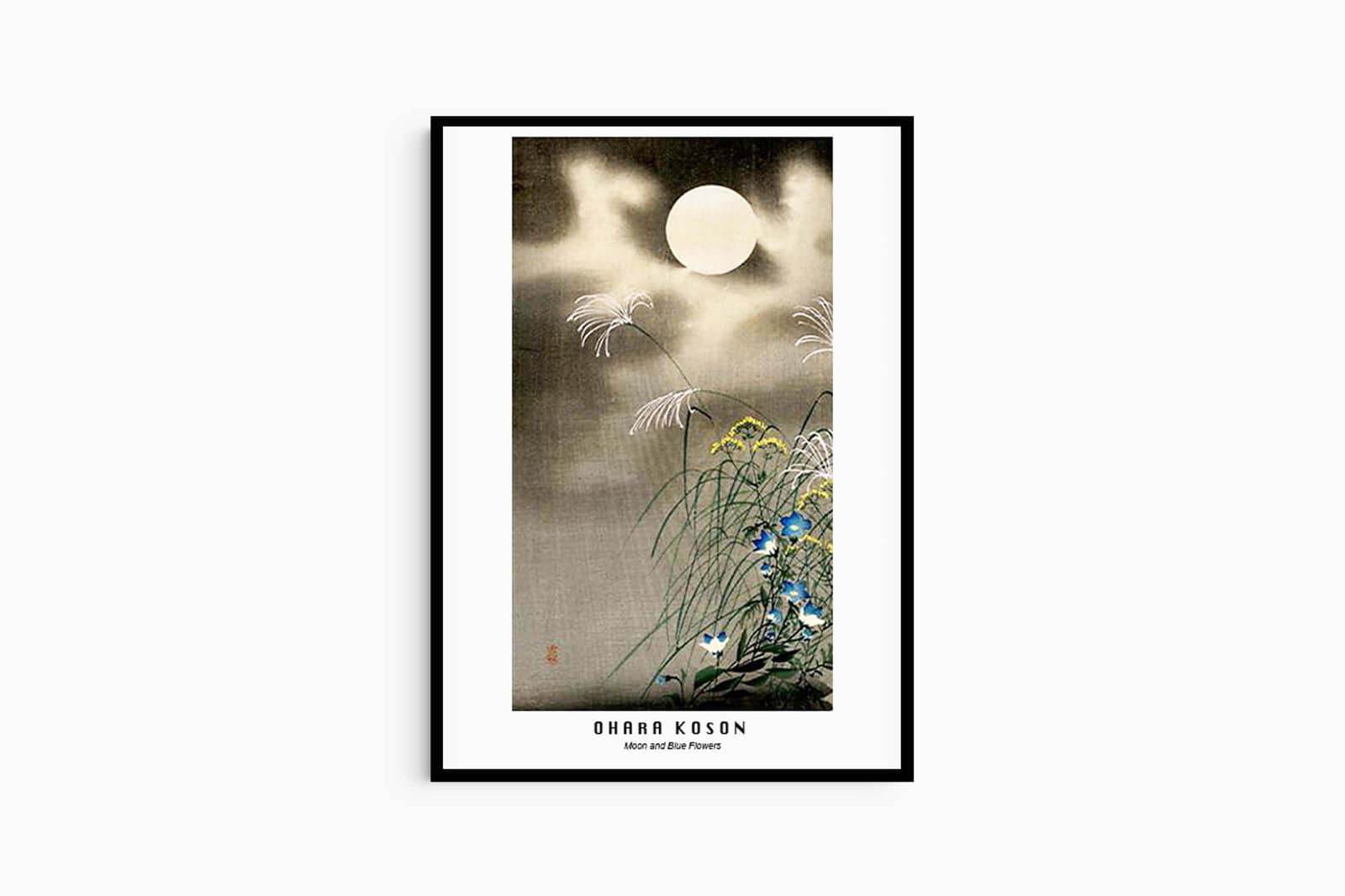 Ohara Koson - Moon and Blue Flowers Poster - Hakyarts