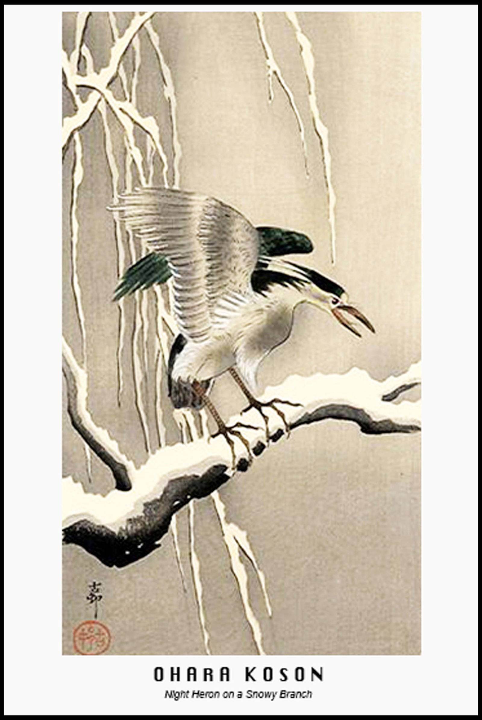 Ohara Koson - Night Heron on a Snowy Branch Poster - Hakyarts