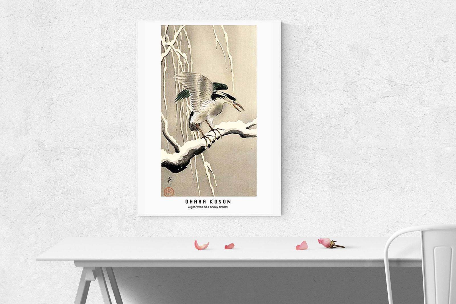Ohara Koson - Night Heron on a Snowy Branch Poster - Hakyarts