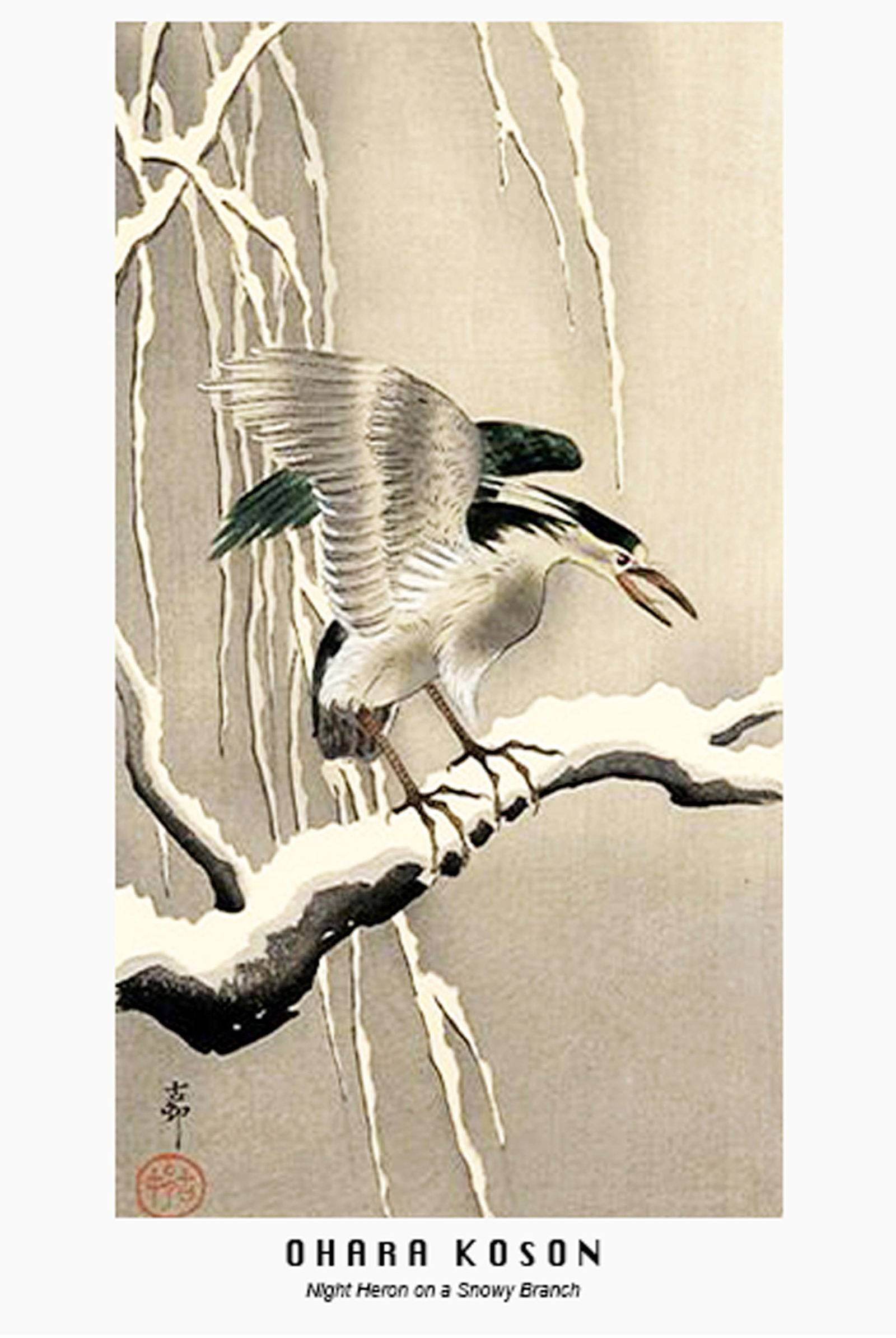 Ohara Koson - Night Heron on a Snowy Branch Poster - Hakyarts