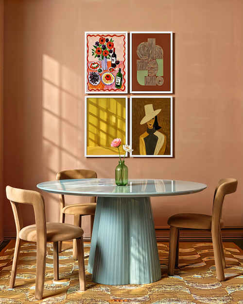 Set of 4 Earthy Folk Portrait & Terracotta Still Life | Contemporary Art Prints