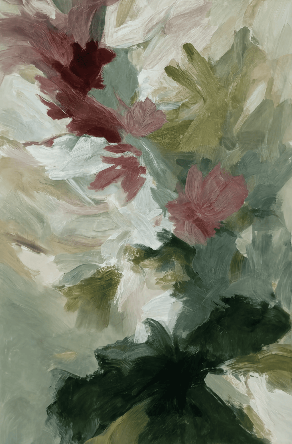 Painterly Blooms in Blush and Forest | Contemporary Floral Wall Art Print