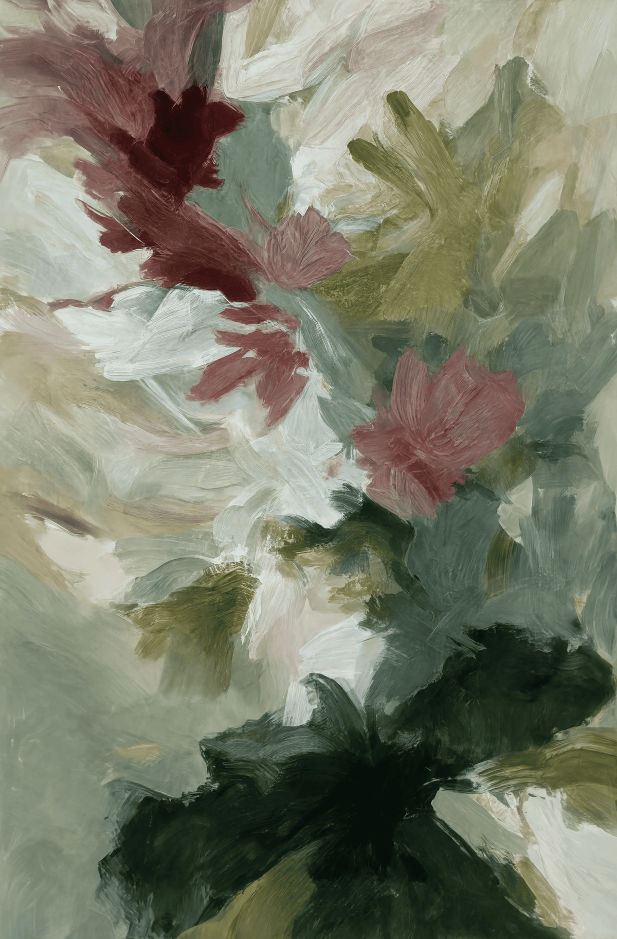 Painterly Blooms in Blush and Forest | Contemporary Floral Wall Art Print