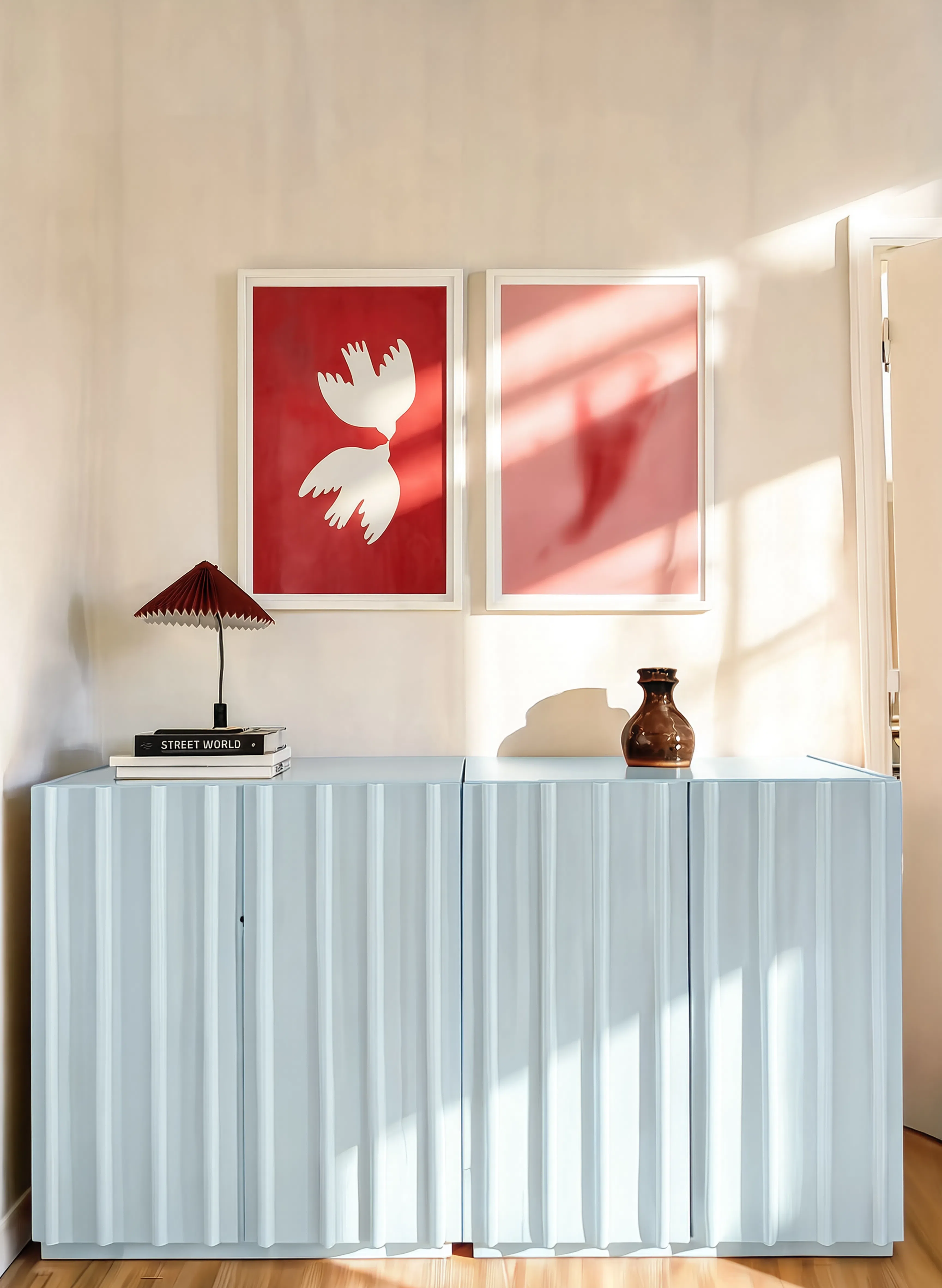 Set of 2 Dark Red Hue Abstract Shape + Doves in Red Hues | Contemporary Abstract & Bird Wall Art Prints