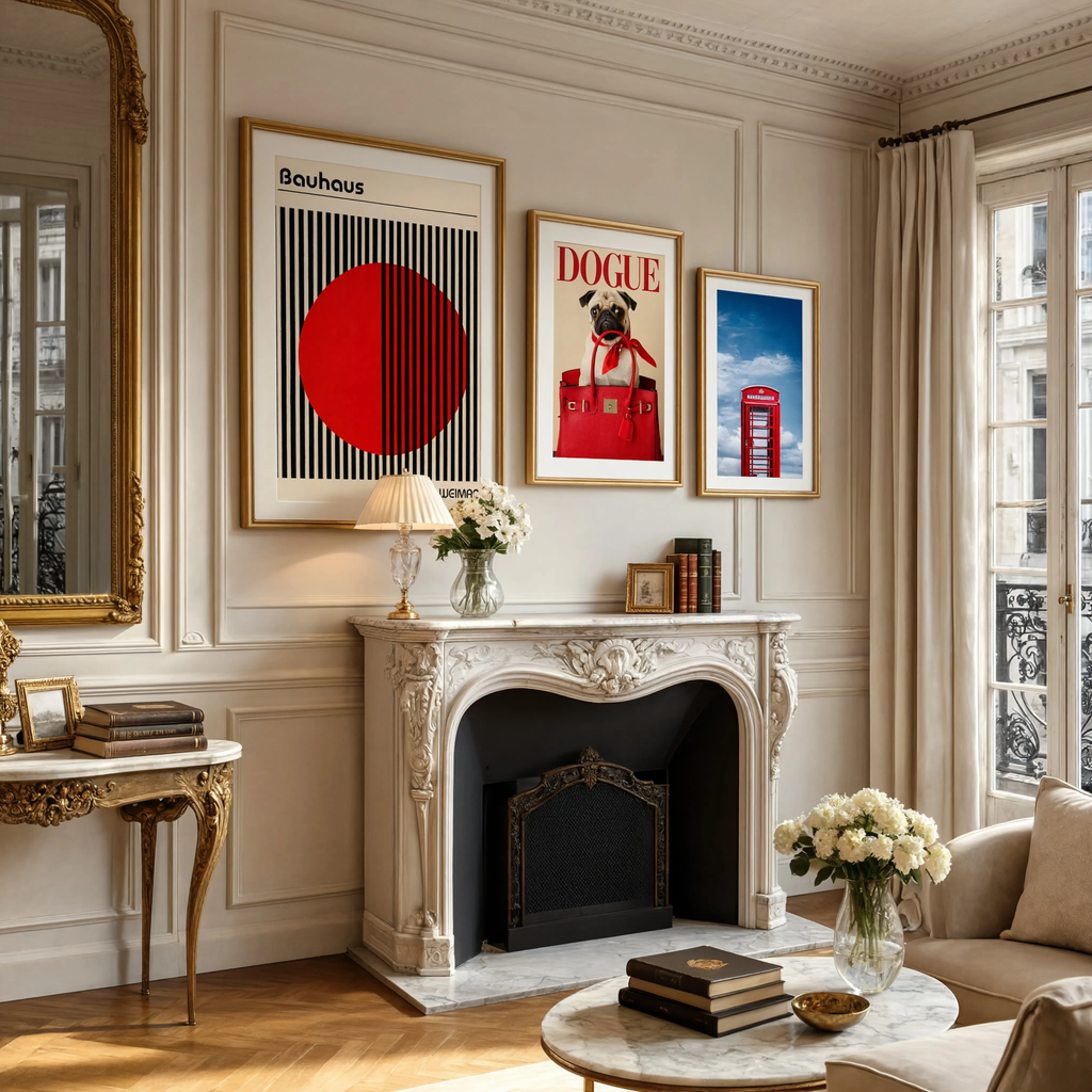 Red Wall Art Set of 3 – Bauhaus Geometric Poster, Pug Fashion Dog Print & Red Telephone Art