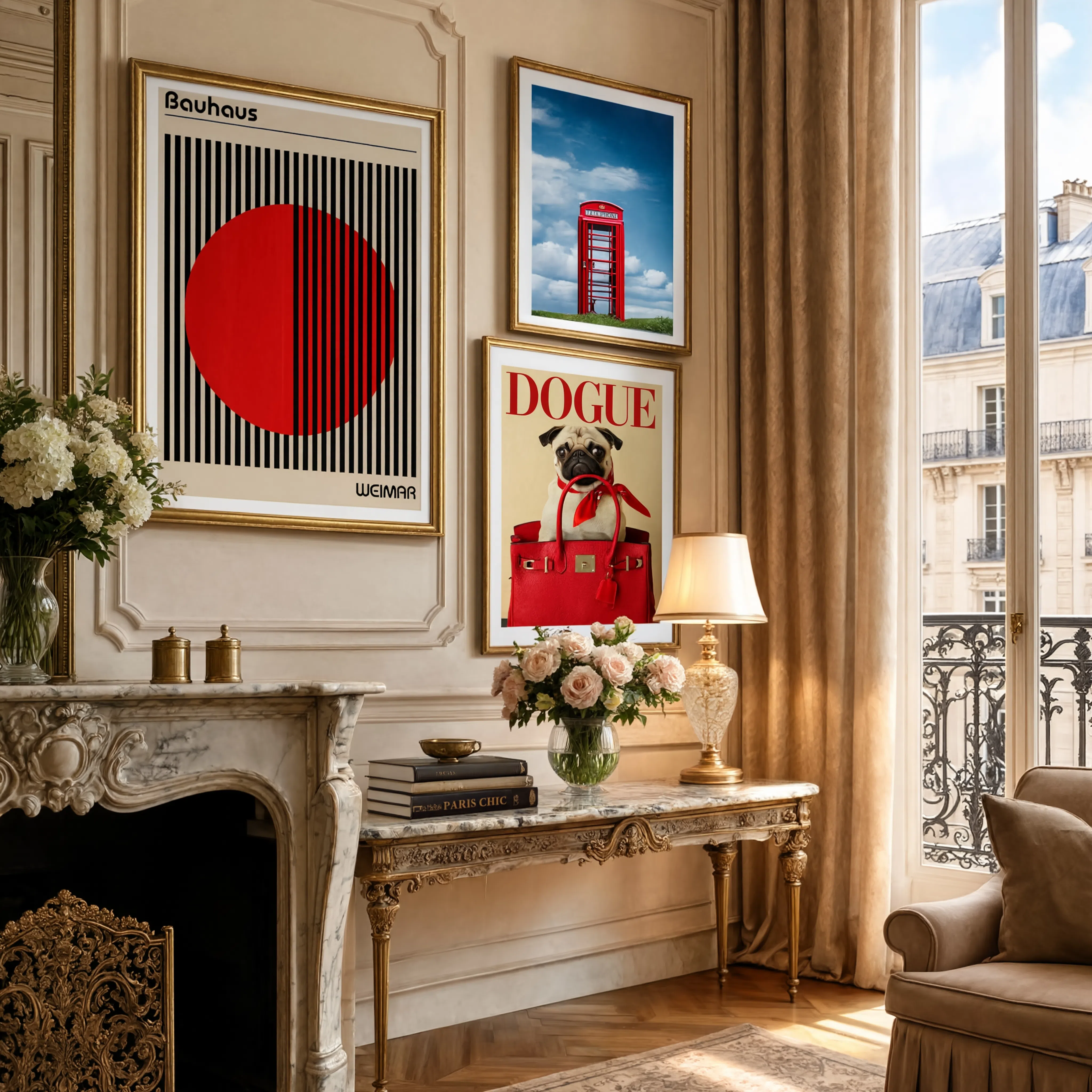 Red Wall Art Set of 3 – Bauhaus Geometric Poster, Pug Fashion Dog Print & Red Telephone Art