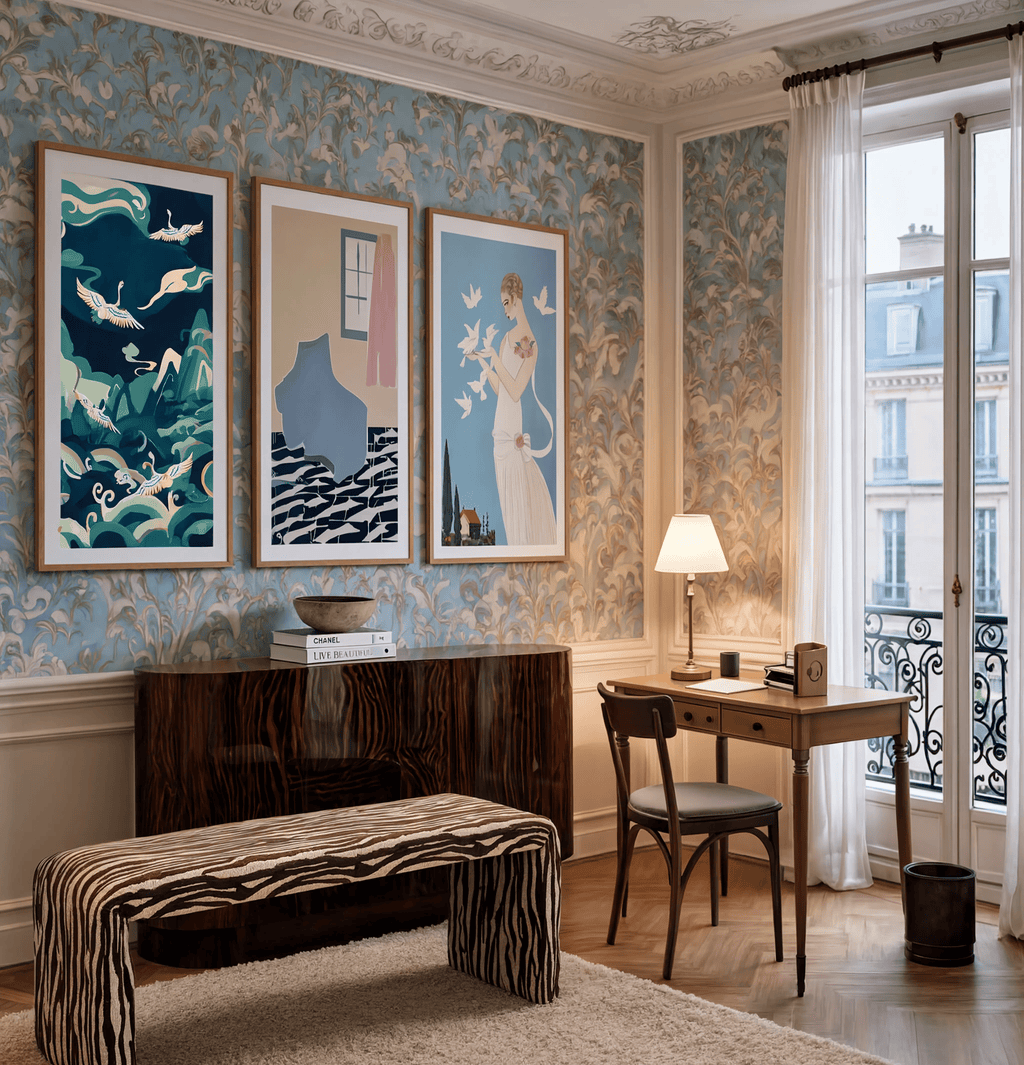 Set of 3 Wall Art Prints – Cozy Nook, Georges Barbier Fémina & Blue Crane Collection