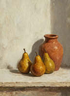 Pears & Terracotta Jug | Contemporary Botanical Still Life Wall Art
