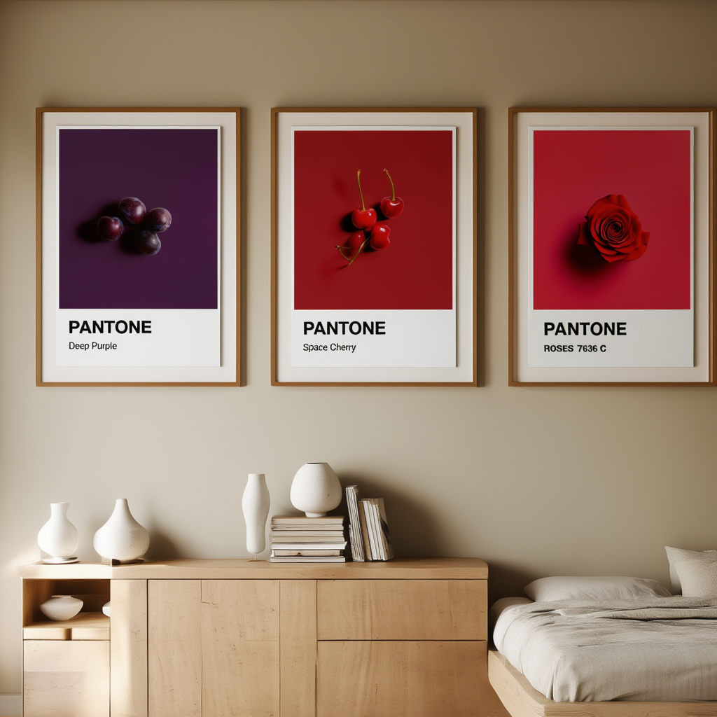 Set of 3 Pantone-Inspired Space Cherry, Deep Purple & Roses – Minimalist Color Art Prints