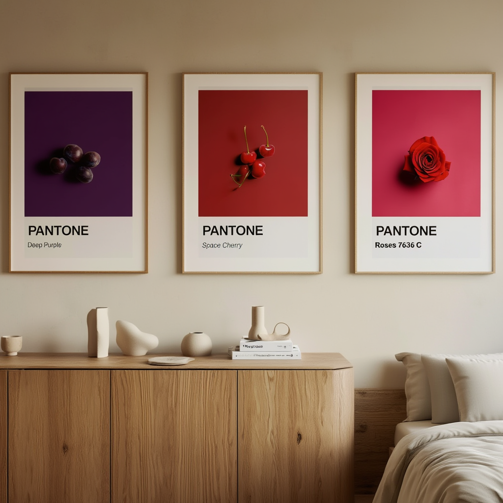 Set of 3 Pantone-Inspired Space Cherry, Deep Purple & Roses – Minimalist Color Art Prints
