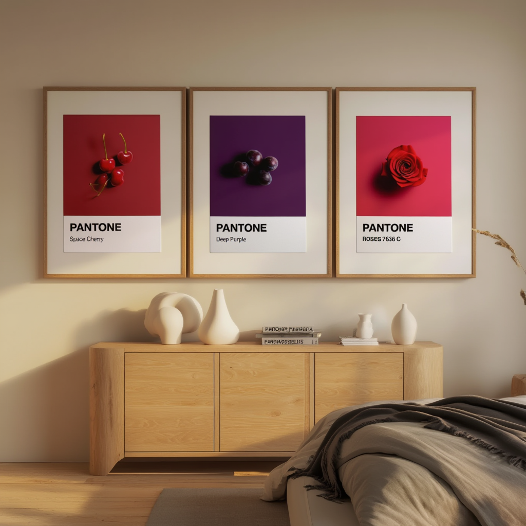 Set of 3 Pantone-Inspired Space Cherry, Deep Purple & Roses – Minimalist Color Art Prints