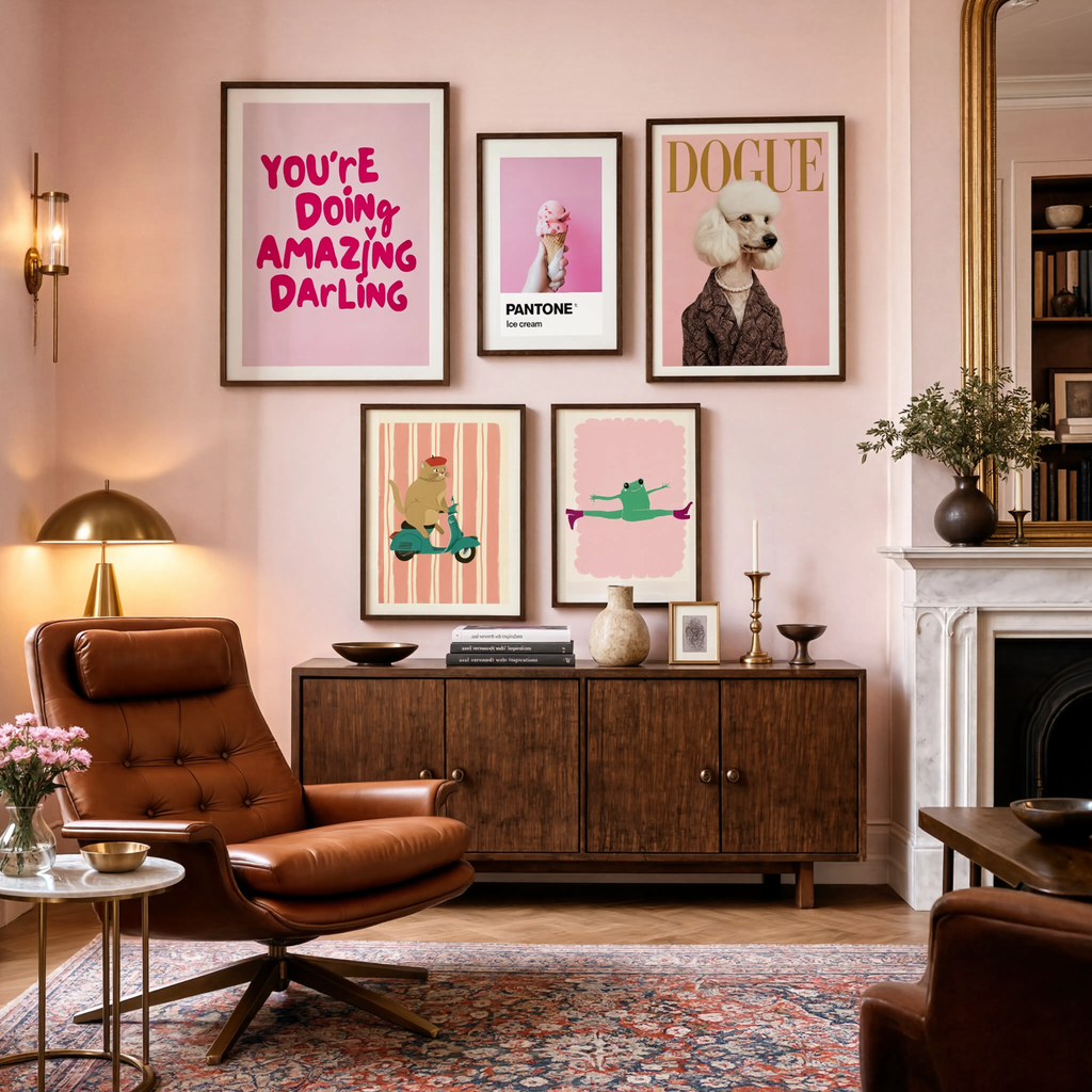 Pink Aesthetic Wall Art Set of 5 – Whimsical Animals, Pantone Minimalism & Bold Contemporary Prints