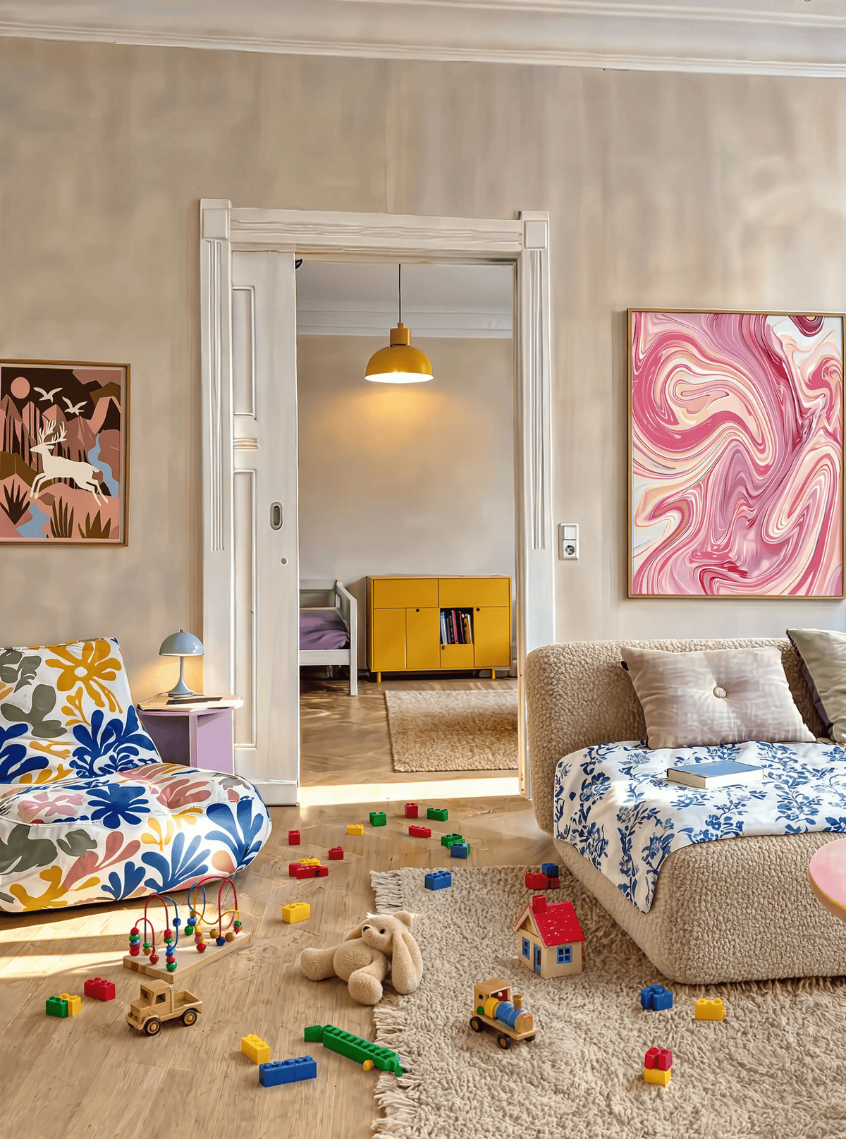 Set of 2 Deer Illustration & Hot Pink Swirl | Woodland Animal & Vibrant Abstract Wall Art Prints