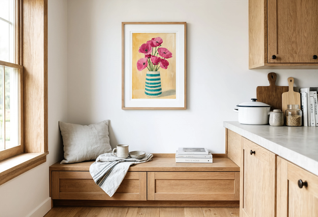 Magenta Poppies – Cream | Contemporary Botanical Floral Wall Art