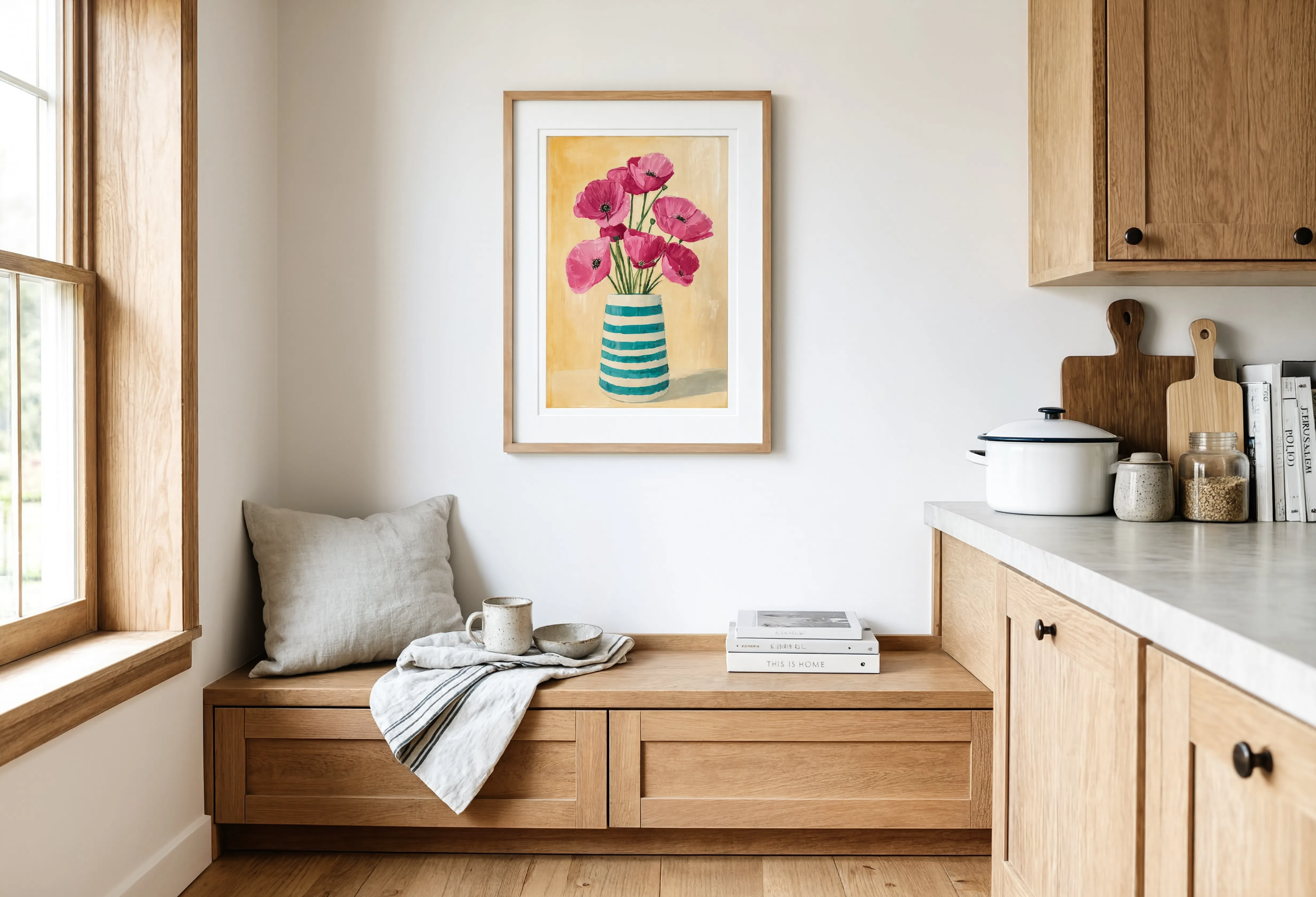 Magenta Poppies – Cream | Contemporary Botanical Floral Wall Art