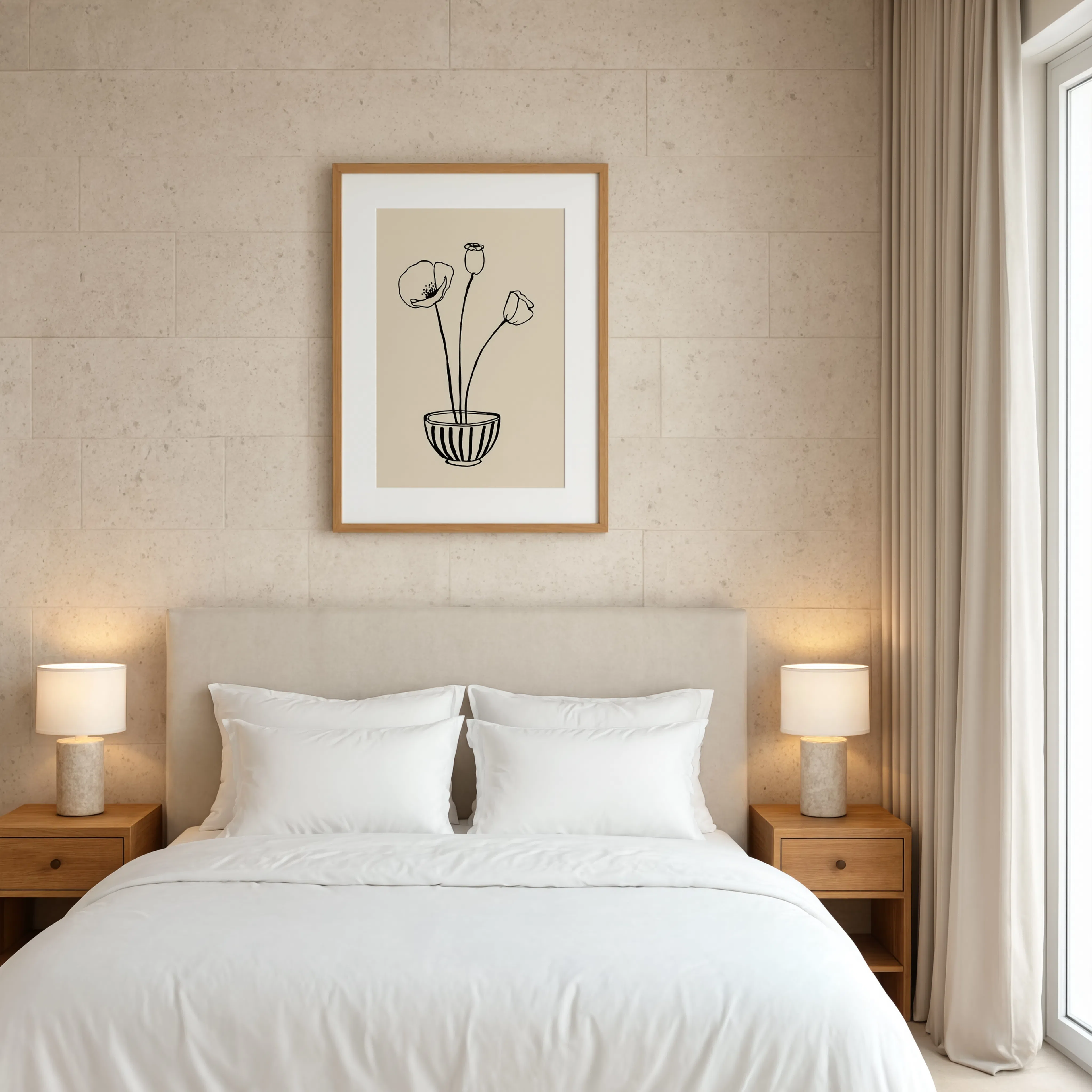 Monochrome Poppies in Striped Bowl | Contemporary Botanical Still Life Wall Art