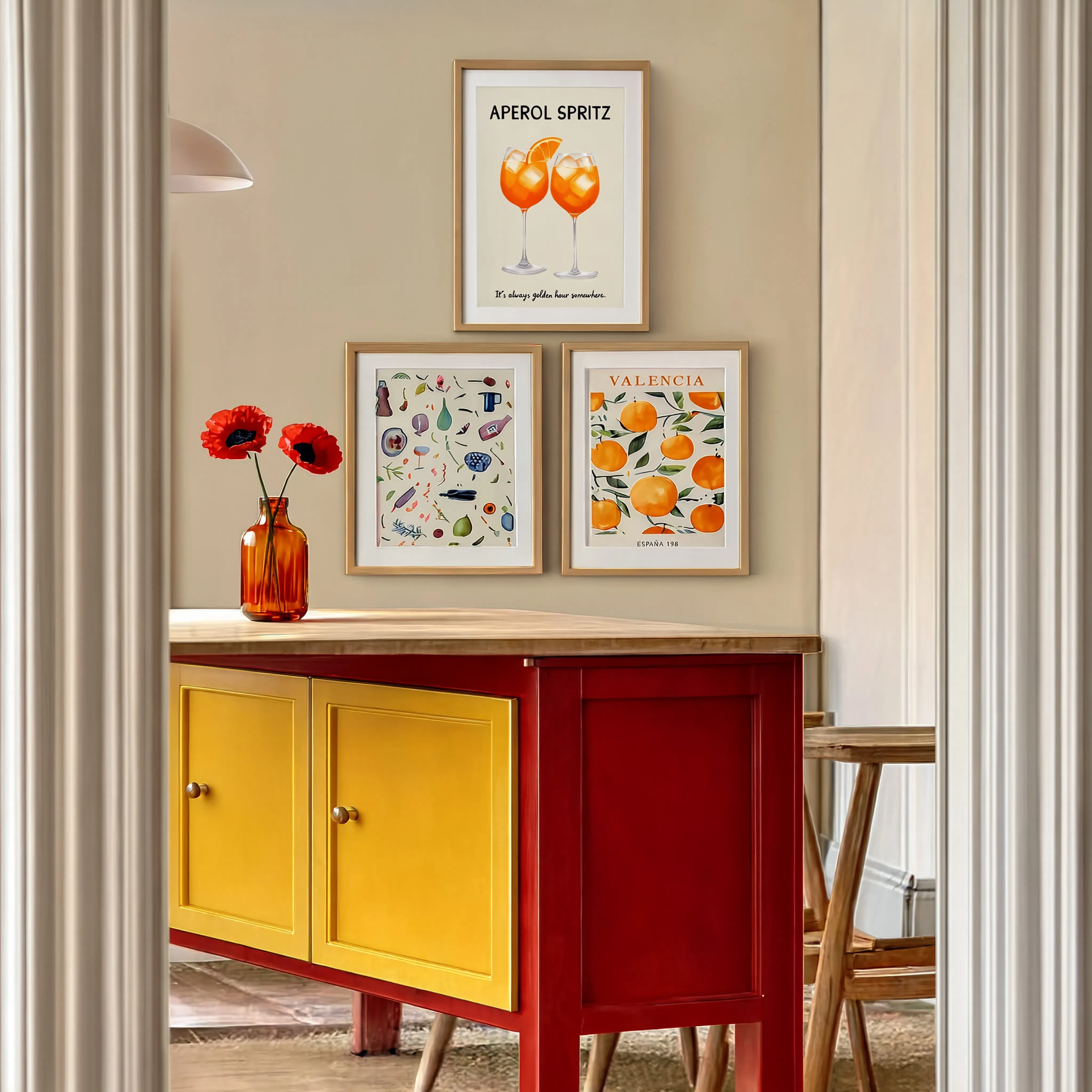 Set of 3 Mediterranean & Aperol Spritz Wall Art Prints – Valencia, Cocktail & Colourful Abstract Gallery Set