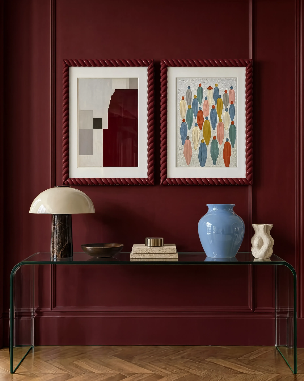 Set of 2 Crowd Study & Burgundy Shapes Variation | Contemporary Figurative & Abstract Wall Art Prints