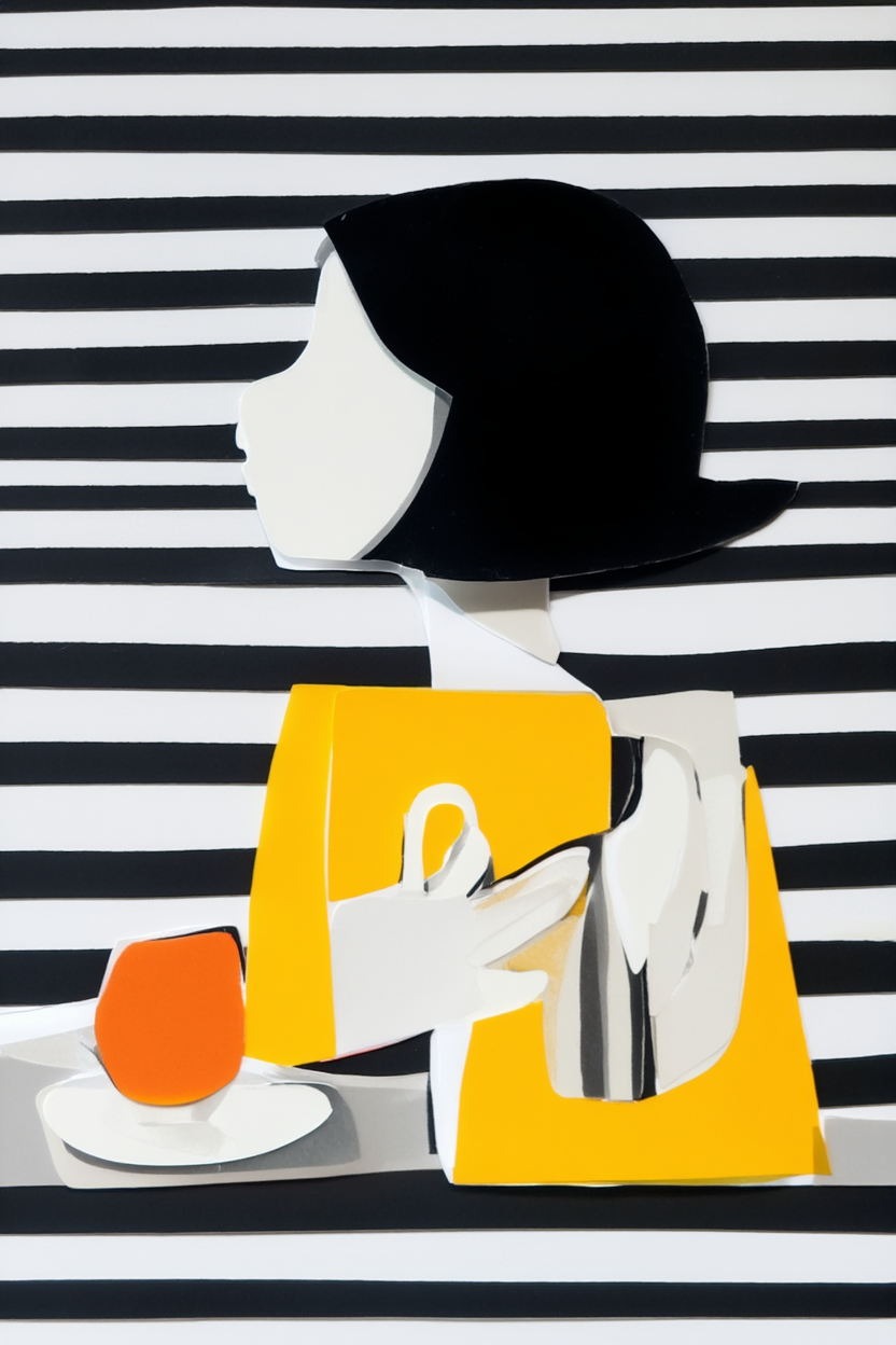 Black Striped Grid Girl – Abstract Wall Art Set for Living Room & Café - Set of 3 Prints - Hakyarts