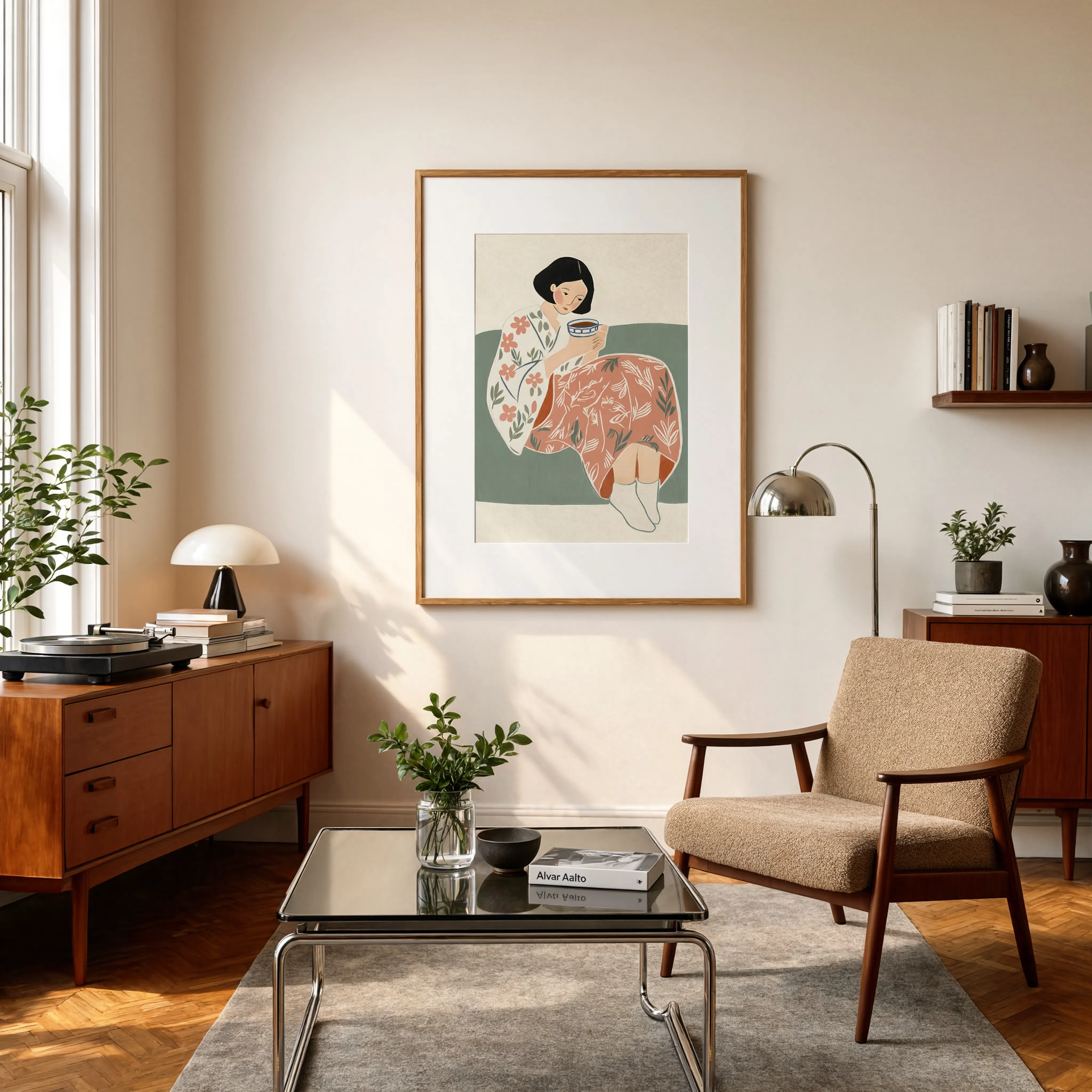 Folk Illustration Print | Woman Drinking Coffee | Contemporary Folk Wall Art