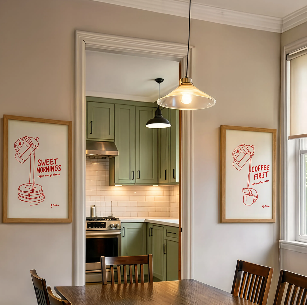Set of 2 Coffee First + Sweet Mornings | Minimalist Kitchen Wall Art Prints 50×70 cm