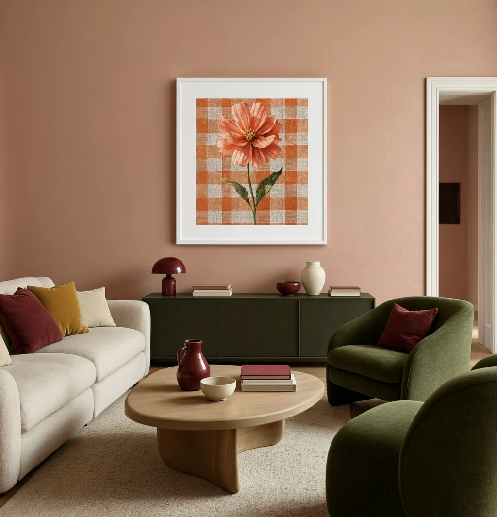 Coral Bloom on Gingham Linen | Contemporary Floral Wall Art Print