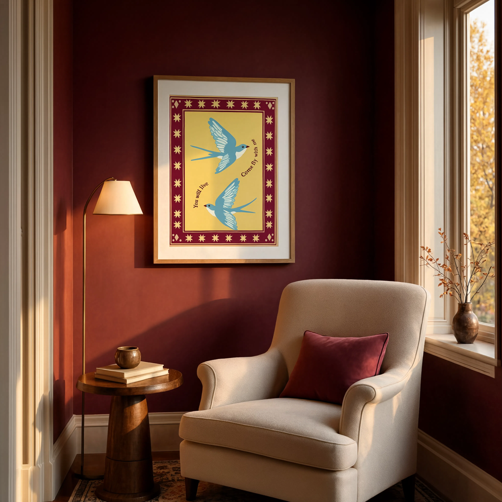 Burgundy Folk Birds | Contemporary Folk Wall Art Print