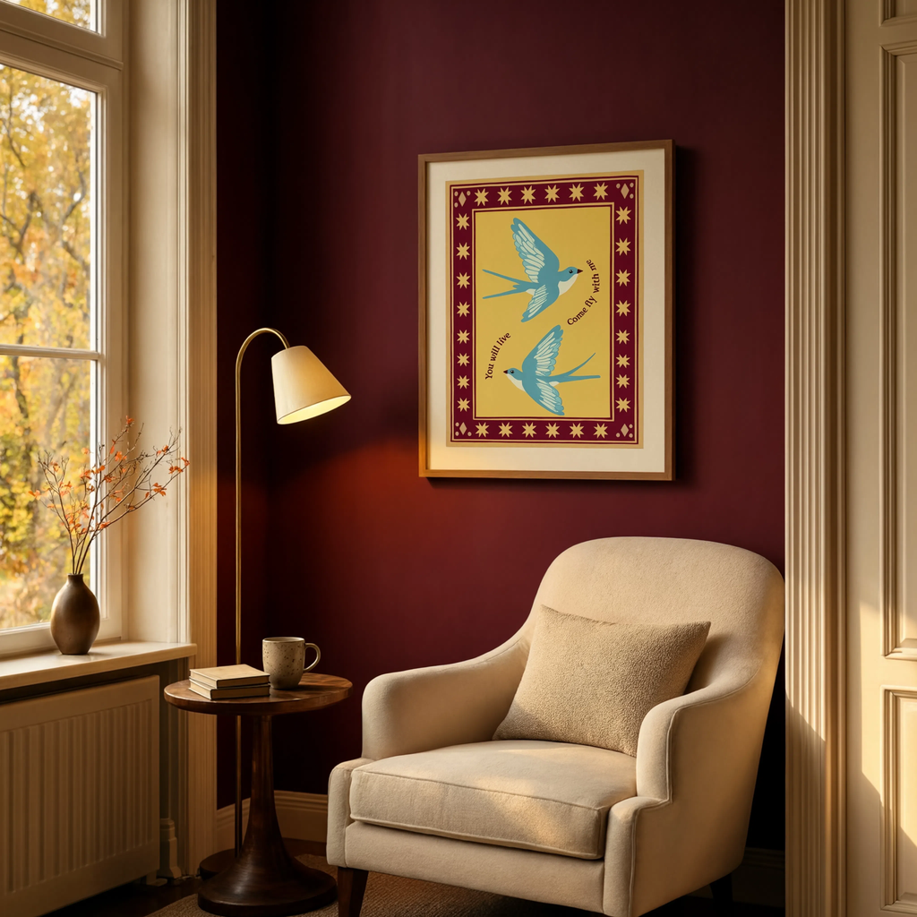 Burgundy Folk Birds | Contemporary Folk Wall Art Print