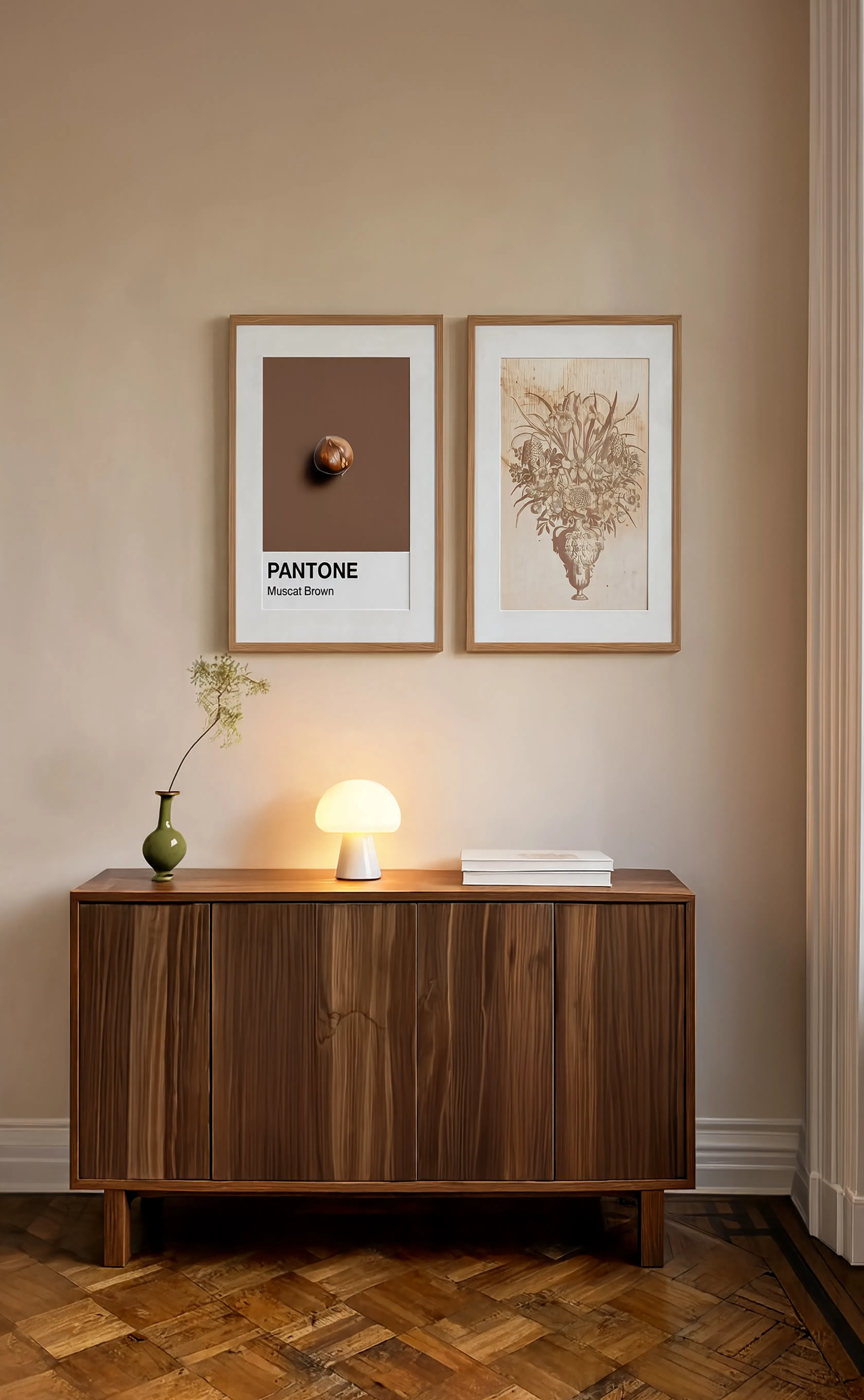 Set of 2 Muscat Brown & Vintage Botanical Wall Art Prints – Minimalist Color Art & Botanica Gallery Set - Hakyarts