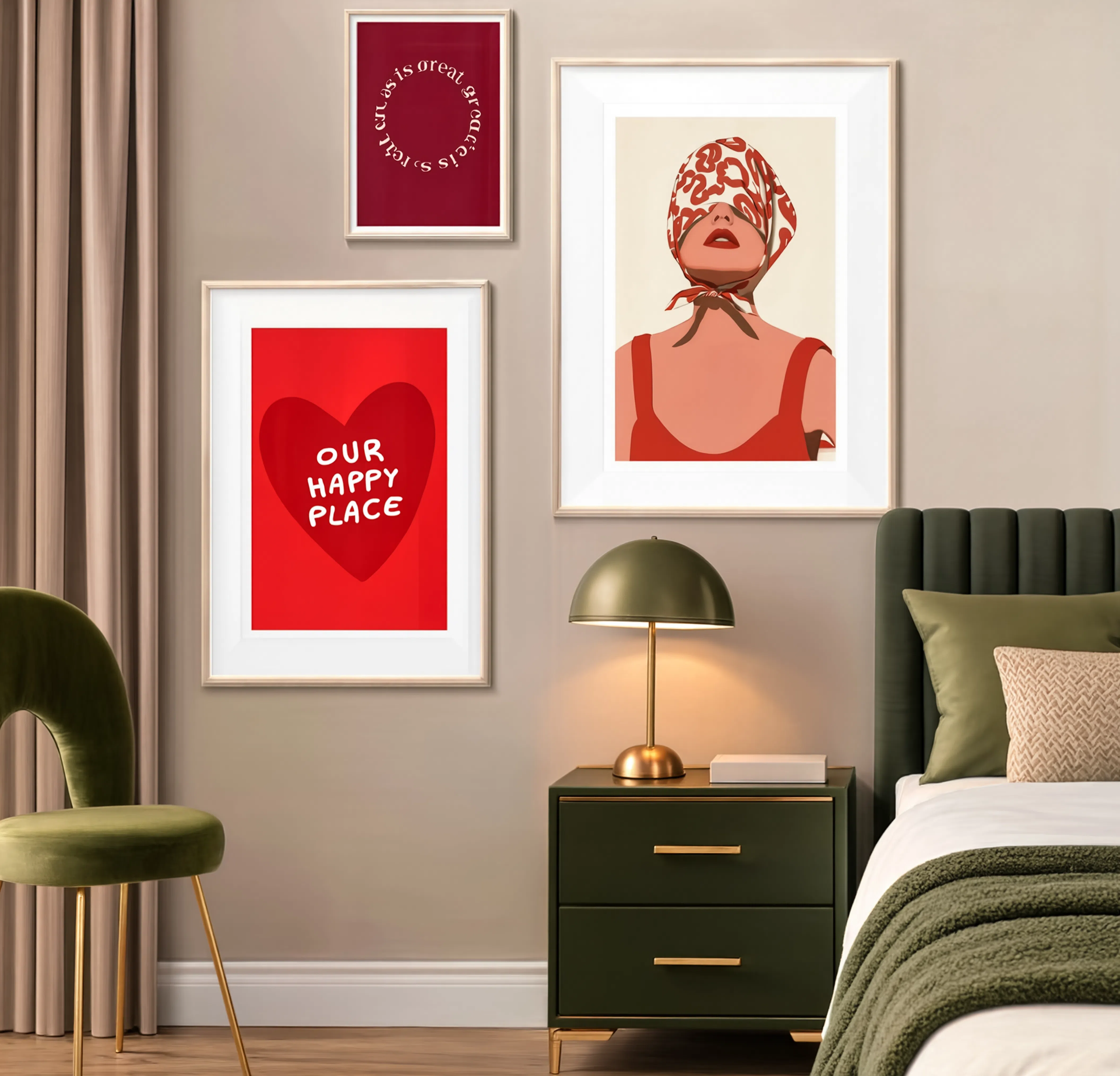 Set of 3 Modern Fashion & Typography Wall Art Prints | Stylish Woman, Our Happy Place & Life Is Great