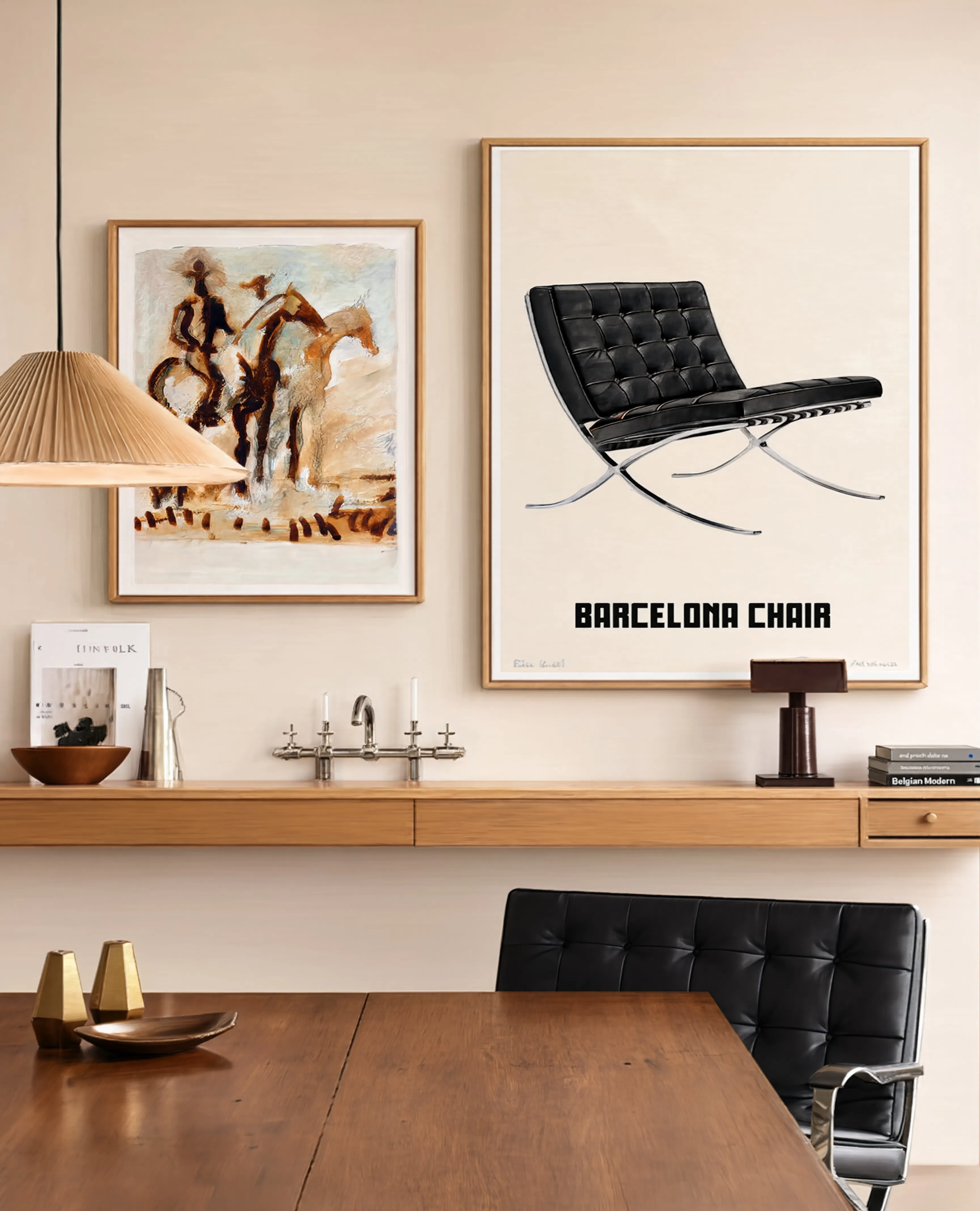 Set of 2 Modern Classic Wall Art Prints | Barcelona Chair & Vintage Fine Art Study
