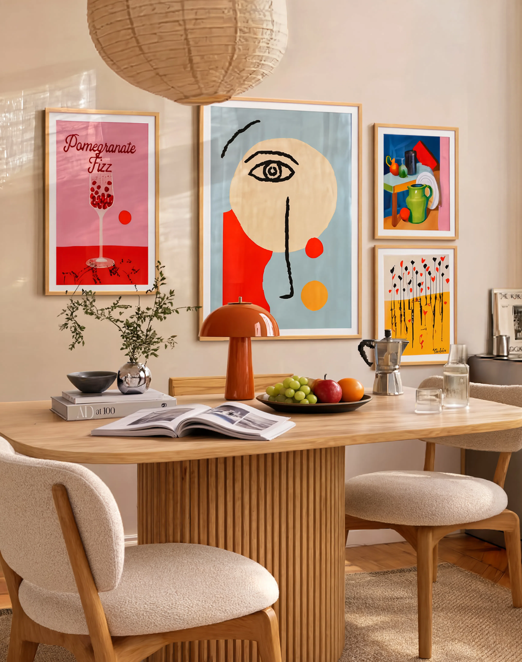 Set of 4 Modern Wall Art Prints | Abstract Faces, Golden Meadow, Pomegranate Fizz & Fine Art Still Life
