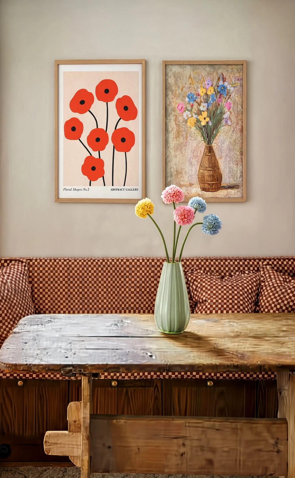 Set of 2 Red Floral Wall Art Prints – Abstract Botanical Shapes & Tadeusz Makowski Field Flowers Gallery Set