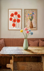Set of 2 Red Floral Wall Art Prints – Abstract Botanical Shapes & Tadeusz Makowski Field Flowers Gallery Set