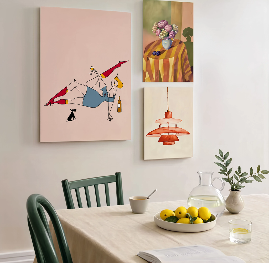 Set of 3 Minimalist Wall Art Prints | Still Life Flowers, Wine Evening & Glow Lamp Illustration