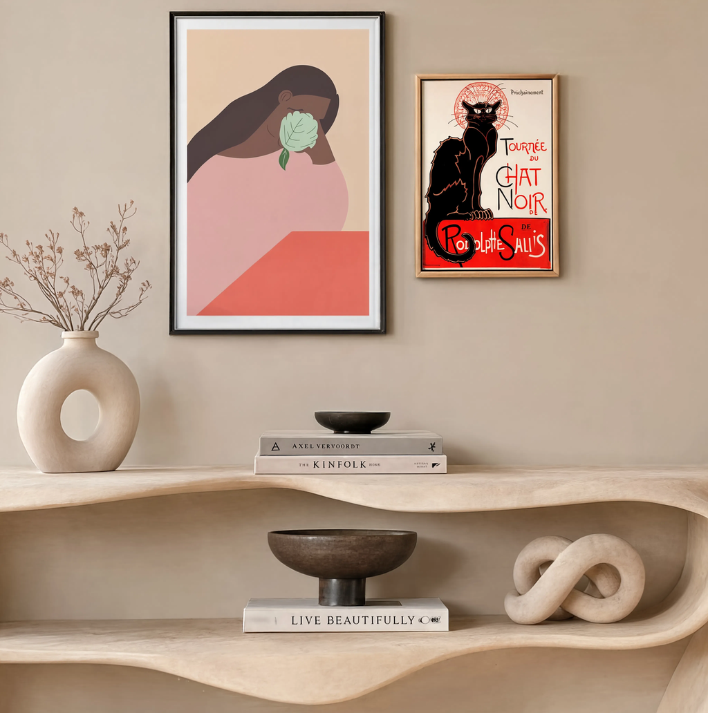 Set of 2 Vintage & Figurative Wall Art Prints | Elegant Woman with Flower & Steinlen Chat Noir Poster