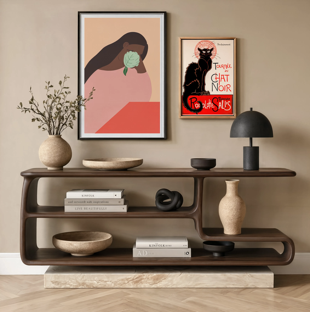 Set of 2 Vintage & Figurative Wall Art Prints | Elegant Woman with Flower & Steinlen Chat Noir Poster