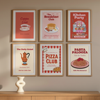 6 Retro Kitchen Posters – Pasta, Pizza & Coffee Love Canvas Prints in Red & Pink Tones for Living Room & Dining Decor - Hakyarts