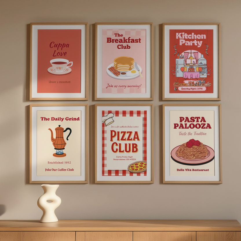 6 Retro Kitchen Posters – Pasta, Pizza & Coffee Love Canvas Prints in Red & Pink Tones for Living Room & Dining Decor - Hakyarts