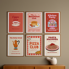 6 Retro Kitchen Posters – Pasta, Pizza & Coffee Love Canvas Prints in Red & Pink Tones for Living Room & Dining Decor - Hakyarts