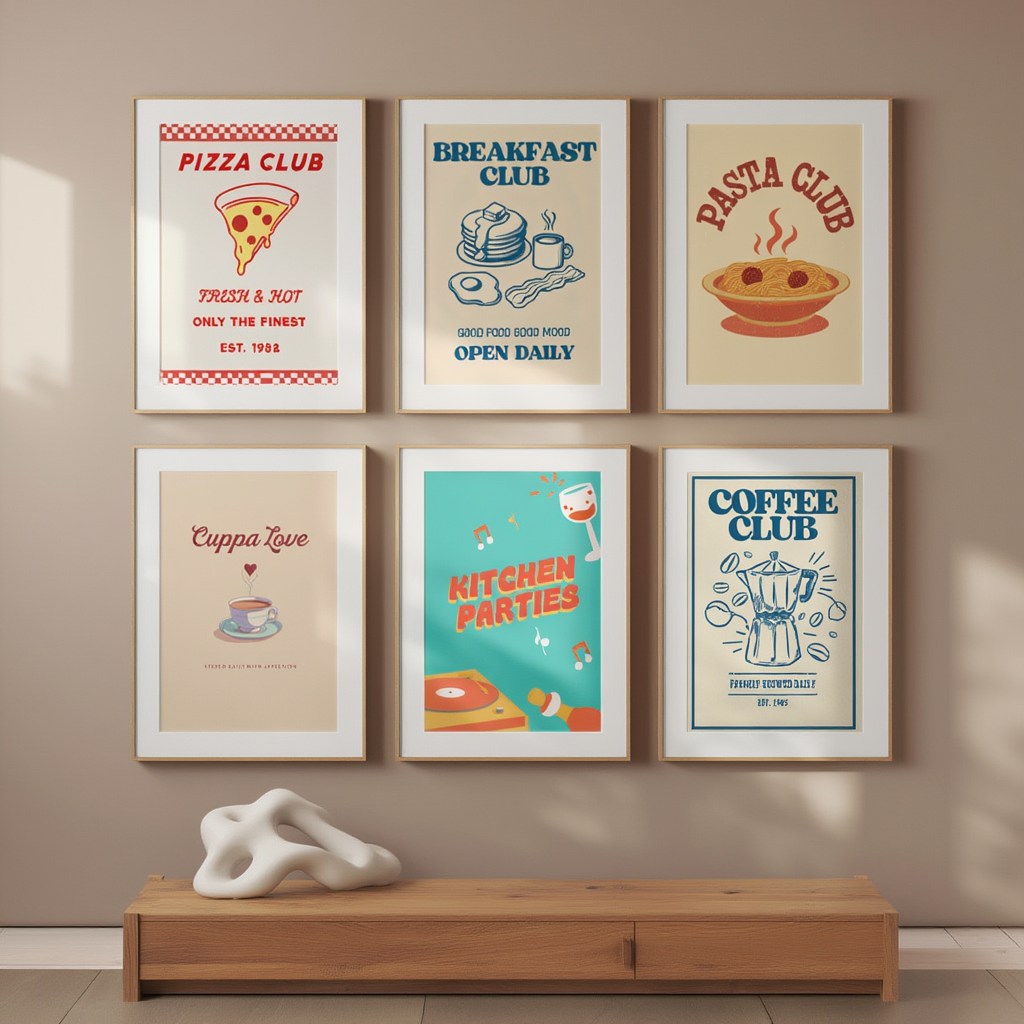 6 Retro Kitchen Posters – Pasta, Pizza & Coffee Love Canvas Wall Art for Living Room and Dining Decor - Hakyarts