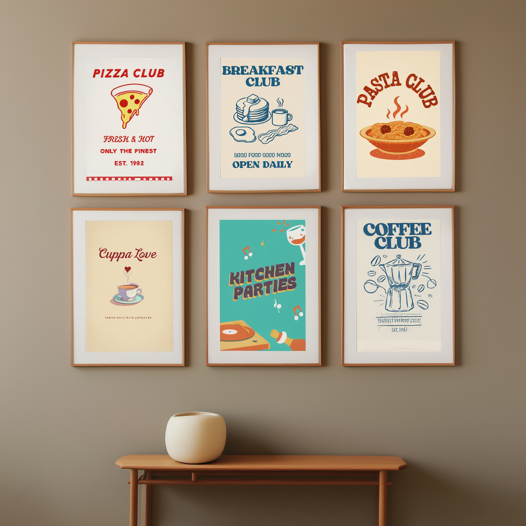 6 Retro Kitchen Posters – Pasta, Pizza & Coffee Love Canvas Wall Art f ...