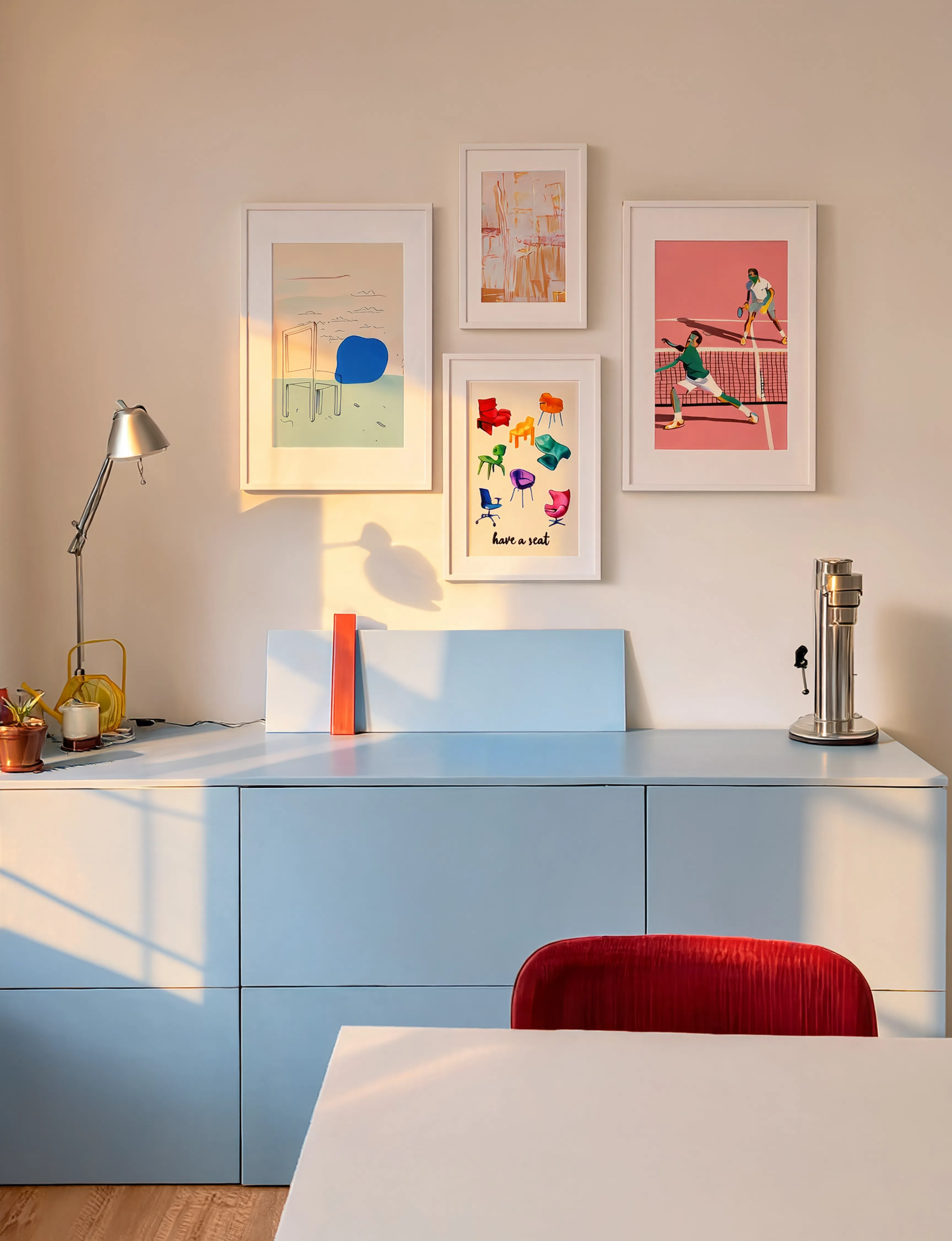 Set of 4 Modern Lifestyle & Abstract Wall Art Prints – Tennis, Chairs & Contemporary Gallery Set