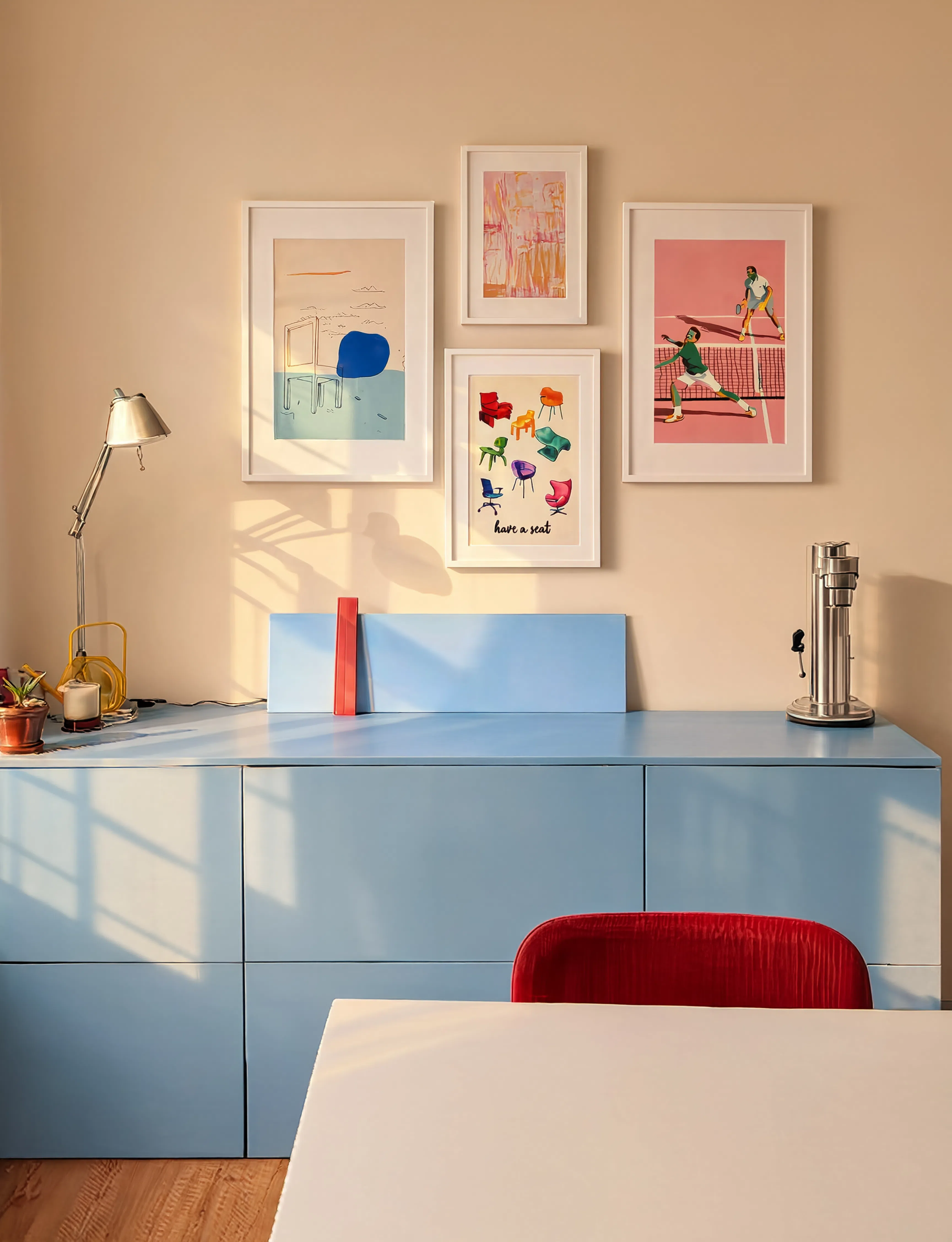 Set of 4 Modern Lifestyle & Abstract Wall Art Prints – Tennis, Chairs & Contemporary Gallery Set