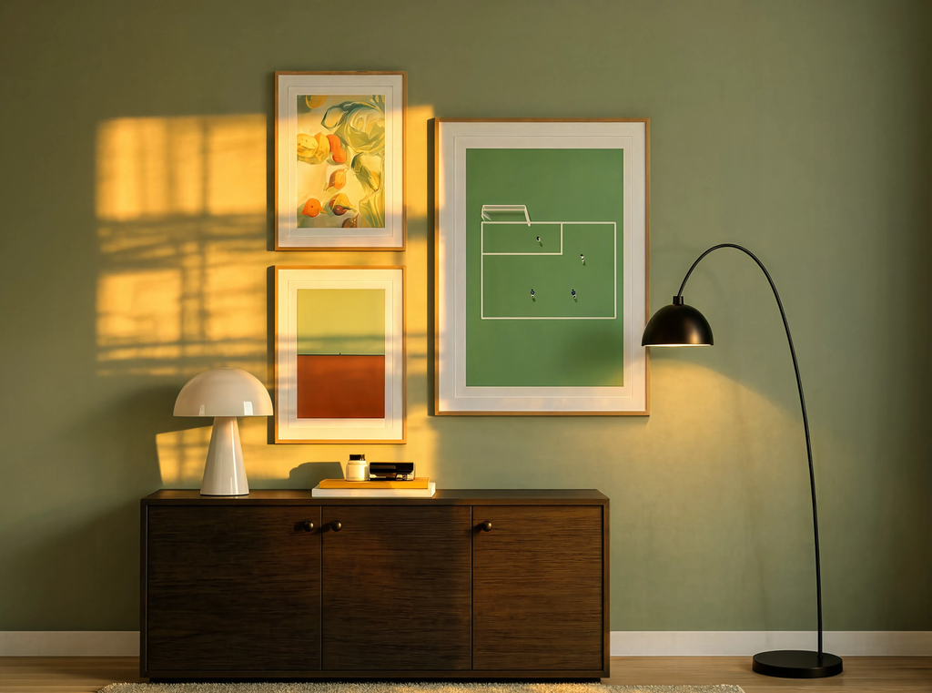 Set of 3 Still Life Illustration, Football Match & Red and Green Squares – Contemporary Minimalist Wall Art Prints
