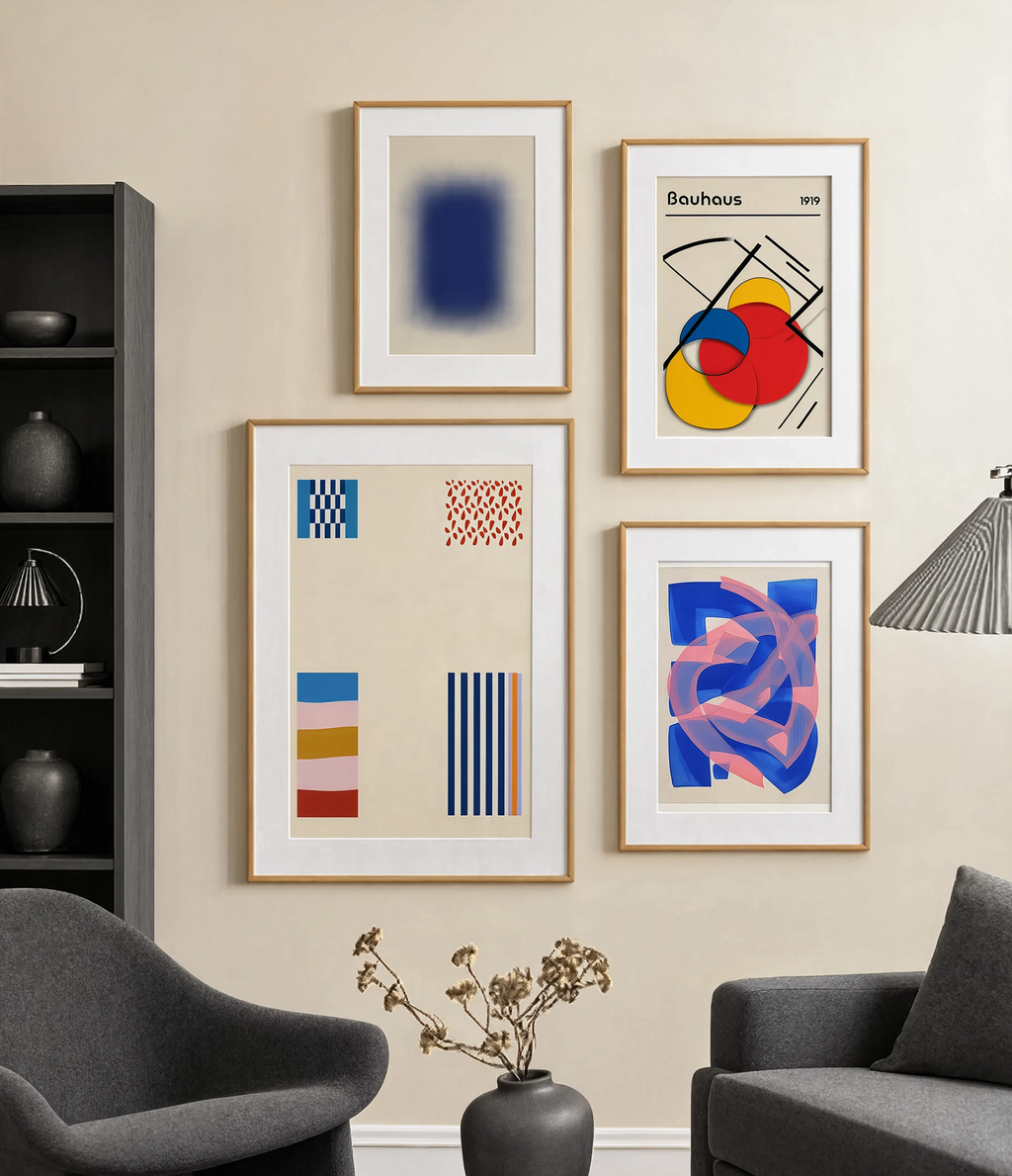 Set of 4 Abstract Geometric Wall Art Prints – Prismatic Geometry, Chromatic Convergence, Bauhaus Lines & Cerulean Lines Gallery Set