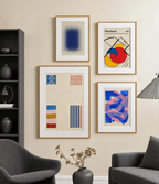 Set of 4 Abstract Geometric Wall Art Prints – Prismatic Geometry, Chromatic Convergence, Bauhaus Lines & Cerulean Lines Gallery Set