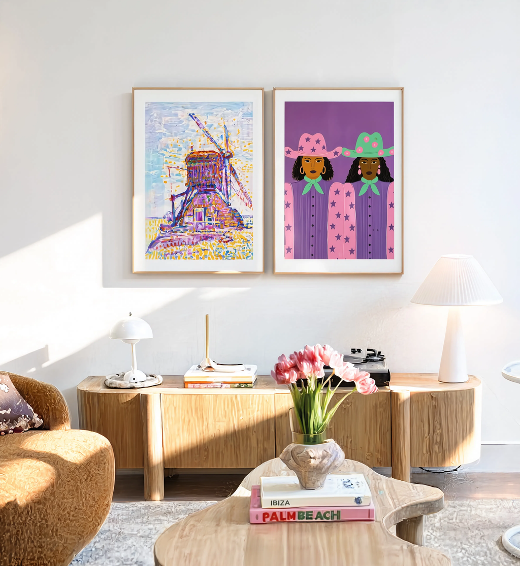 Set of 2 Piet Mondrian Apple Tree & Modern Black Girls Cowgirl Prints | Contemporary Wall Art Set