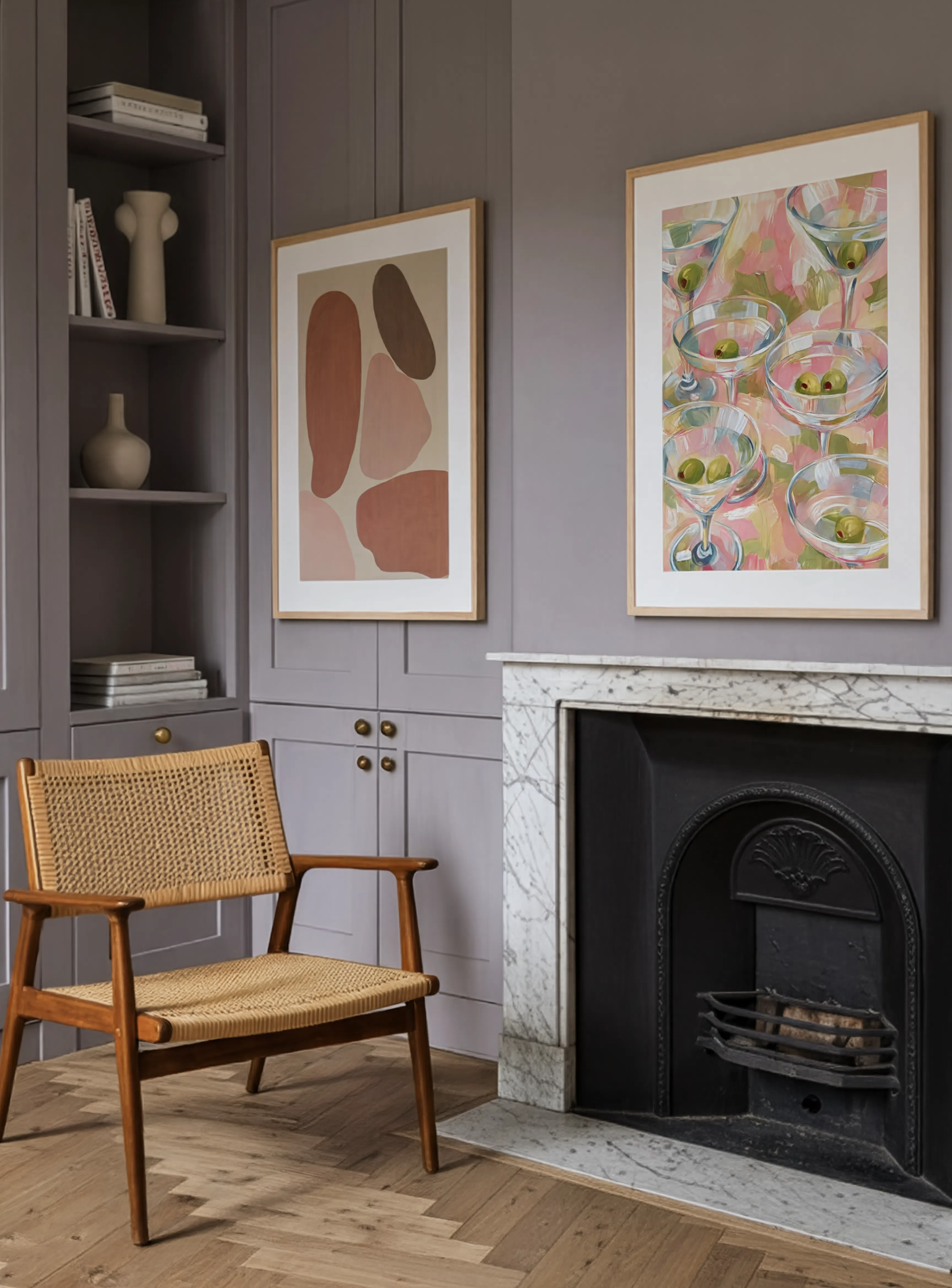 Set of 2 Cocktail & Abstract Wall Art Prints | Pastel Martini & Earthy Abstract